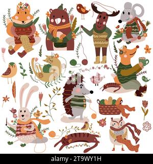Niedliche Waldtiere im Schal und Strickpullover stricken und trinken Tee, Korb mit Fäden. Niedliche Maus, Fuchs, faule Katze usw. Geeignet für verschiedene kreative Projekte. Vektor Stock Vektor