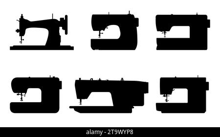 Symbole für Nähmaschinen sind auf weißem Hintergrund isoliert. Mechanische Vorrichtungen zum Nähen von Stoffen und zur Herstellung von Kleidungsstücken. Retro- und moderne Maschinen Stock Vektor