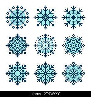 Set von Schneeflocken-Symbolen isoliert auf weißem Hintergrund. Schneenikonen, Winter-, Neujahr- und Weihnachtsdekorationen. Vektorabbildung. Stock Vektor
