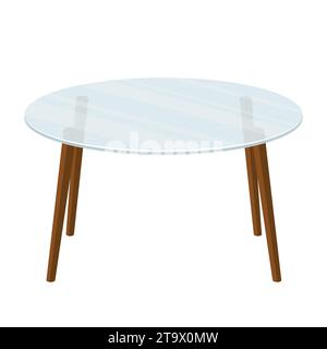 Leerer runder Glasbürotisch auf Holzbeinen isoliert auf weißem Hintergrund. Moderne transparente Couchtisch-Symbol. Möbel für den Innenraum. Stock Vektor