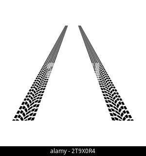 Sichtweise der Spur von Straßenreifen auf weißem Hintergrund isoliert. Strukturierte Radspuren drucken. Reifenspuren, Reifenprofil, Profilspuren für die Maschine Stock Vektor