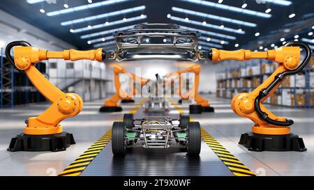 Montagelinie im Automobilwerk mit industriellen Roboterarmen, 3D-Rendering. Stockfoto