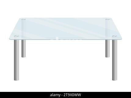 Moderner Glastisch isoliert auf weißem Hintergrund. Transparenter Couchtisch mit Metallbeinen. Möbel für den Innenraum. Vektorabbildung. Stock Vektor