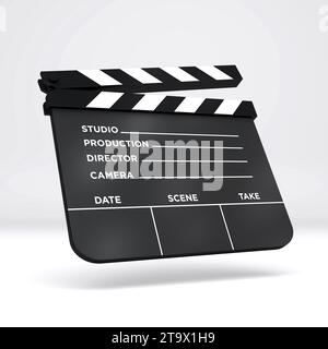 Film Clapper auf Soft Grey Studio Hintergrund. Perspektivische Ansicht. Schwarzweiß. 3D-Rendering. Stockfoto