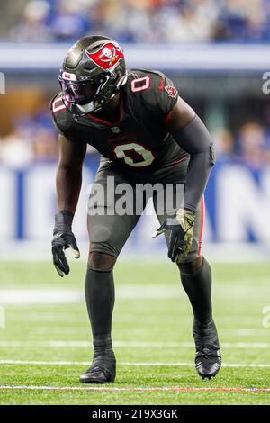 Indianapolis, Indiana, USA. November 2023. Tampa Bay Buccaneers Linebacker Yaya Diaby (0) während des NFL-Spiels gegen die Indianapolis Colts im Lucas Oil Stadium in Indianapolis, Indiana. Indianapolis besiegte Tampa Bay mit 27:20. John Mersits/CSM/Alamy Live News Stockfoto