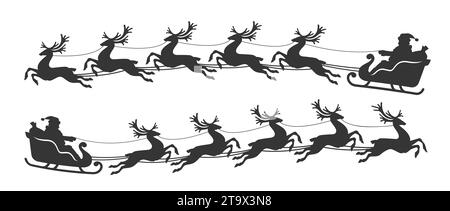 Silhouette des Weihnachtsmanns auf einem Schlitten, der mit Rentieren fliegt. Weihnachten und Neujahr Symbol, Illustration Stockfoto