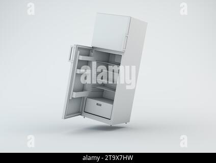 Weißer Kühlschrank offen und leer auf Studiohintergrund. Minimales Konzept. Schwarzweiß. 3D-Rendering. Stockfoto