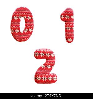 3D-Darstellung von gestricktem weihnachtsgewirk-Alphabet - Ziffern 0-2 Stockfoto