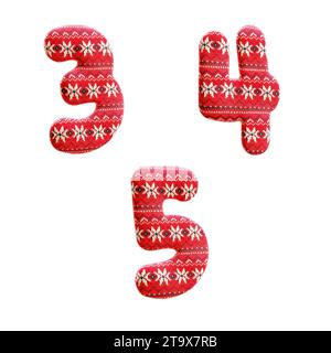 3D-Darstellung von gestricktem weihnachtsgewirk-Alphabet - Ziffern 3-5 Stockfoto