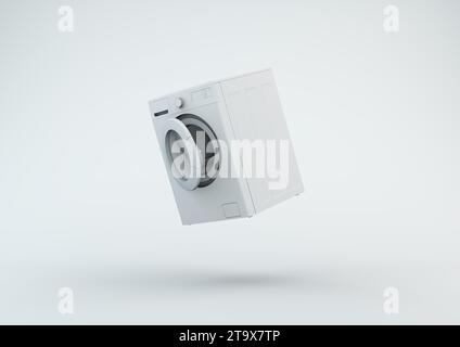 Waschmaschine auf weißem Atelierhintergrund. Minimales Konzept. Schwarzweiß. 3D-Rendering. Stockfoto