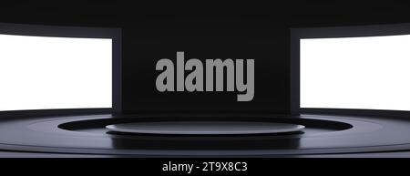 Leeres Bühnendesign für Mockup und Corporate Identity mit zwei hellweißen Displays auf schwarzem Studio-Hintergrund. Leeres Bildschirmsystem für Grafikressource Stockfoto