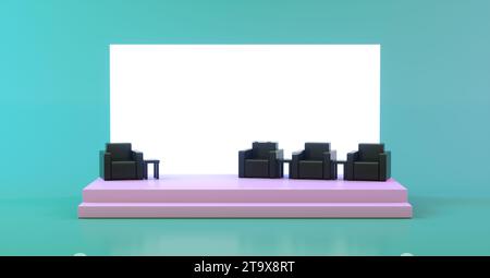 Pinkfarbenes Bühnendesign für Mockup und Corporate Identity mit weißem Display und schwarzem Sessel auf türkisfarbenem Studio-Hintergrund. Stockfoto