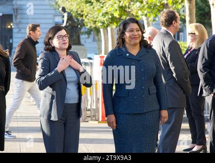 San Francisco, KALIFORNIEN - 4. Oktober 2023: Bürgermeister London züchtete Warten mit Katherine Anne Feinstein, der Tochter der verstorbenen Senatorin Dianne Feinstein. Stockfoto