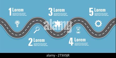 Infografik kurvenreiche Straße mit fünf Haltestellen. Vektorabbildung. Stock Vektor