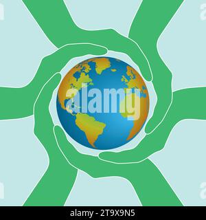 Banner mit grünen Händen, die den Planeten Erde halten. Vektorabbildung. Stock Vektor