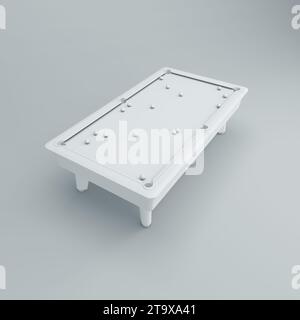 Weißer Billardtisch mit Kugeln auf grauem Studio Hintergrund. Minimales Konzept. Schwarzweiß. 3D-Rendering. Stockfoto