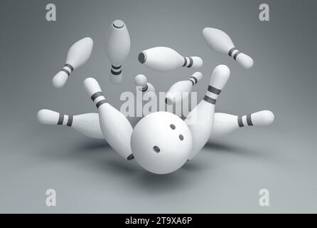 Weiße Bowlingkugel und Pins auf grauem Studio-Hintergrund. Minimales Konzept. Schwarzweiß. 3D-Rendering. Stockfoto