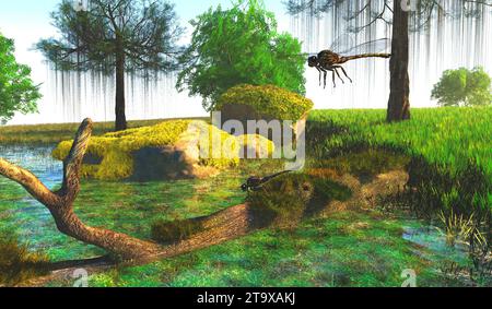 Meganeura-Libellen schweben während der Karbonzeit um einen Teich. Stockfoto