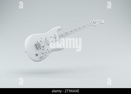 Weiße E-Gitarre auf grauem Studio-Hintergrund. Minimales Konzept. Schwarzweiß. 3D-Rendering. Stockfoto
