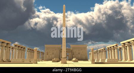 Ein hoher Obelisk steht vor einem ägyptischen Tempel zu Ehren eines der berühmten Pharaonen der Geschichte. Stockfoto