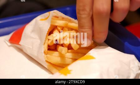 Mann isst gesalzene McDonalds Fast-Food-Pommes und einen Burger, der auf einem Tisch liegt, Finger, Objekt-Nahaufnahme, niemand, flacher dof, Schnellmahleset DE Stockfoto