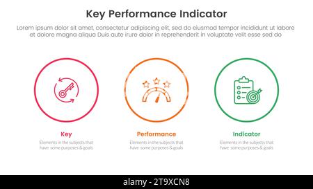 Infografik für kpi-Key-Performance-Indikator 3-Punkt-Stufenvorlage mit horizontaler Kreisumrandung für Folienpräsentationsvektor Stockfoto