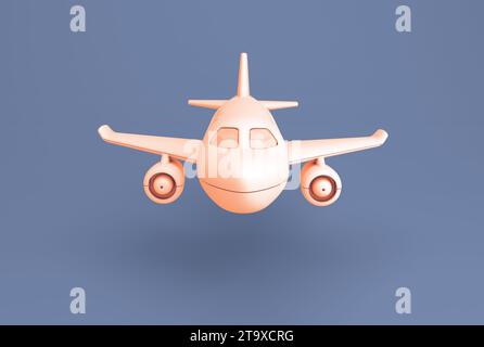 Weißes orangefarbenes Spielzeugflugzeug auf blauem Hintergrund. Verkehrskonzept. Cartoon-Stil. Abbildung 3D-Rendering. Stockfoto