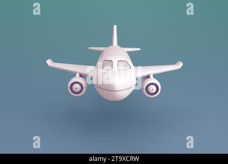 Weißes lila Spielzeugflugzeug auf türkisfarbenem Hintergrund. Transport- oder Geschäftskonzept. Minimaler Cartoon-Stil. Abbildung 3D-Rendering. Stockfoto