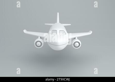 Weißes Spielzeugflugzeug auf grauem Studio-Hintergrund. Vorderansicht. Minimales Konzept. Schwarzweiß. 3D-Rendering. Stockfoto