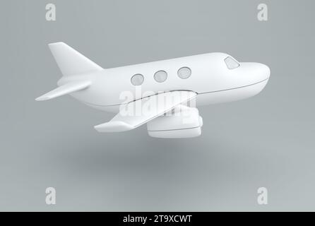 Weißes Spielzeugflugzeug auf grauem Studio-Hintergrund. Minimales Konzept. Schwarzweiß. 3D-Rendering. Stockfoto