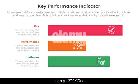 Infografik für kpi-Key-Performance-Indikator 3-Punkt-Stufenvorlage mit horizontalem, langem Datenfeld für Folienpräsentationsvektor Stockfoto