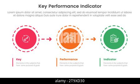 Infografik für kpi-Key-Performance-Indikator 3-Punkt-Bühnenvorlage mit Kreis und Pfeil nach rechts für den Vektor der Präsentation Stockfoto
