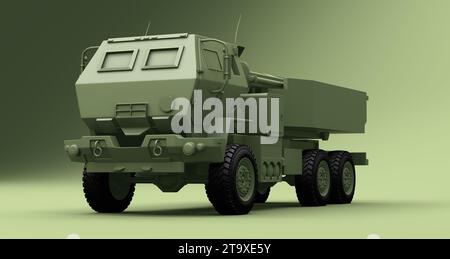 Green Army Military M142 HIMARS Truck auf grünem Studio Hintergrund. Minimales Konzept. Perspektivische Ansicht. 3D-Rendering. Stockfoto