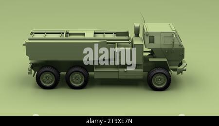 Green Military M142 HIMARS Truck auf grünem Studio Hintergrund. Minimales Konzept. 3D-Rendering. Stockfoto