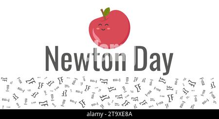 Happy Newtons Day festlicher Hintergrund mit Apfel. Niedlicher Cartoon-Apfel. Formeln nach dem Zufallsprinzip angeordnet. Lustige Vektor-Illustration. Stock Vektor