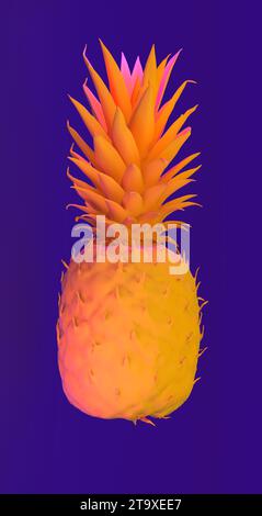 Niedrige Poly Pink-gelbe Ananas auf einem dunkelblauen Studio Hintergrund. Minimales Konzept. Vorderansicht. 3D-Rendering. Stockfoto