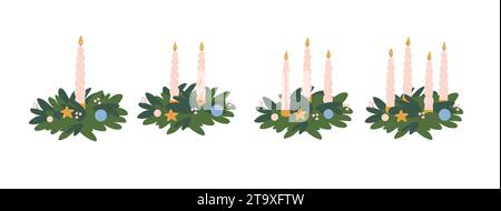 Adventskränze mit Kerzen gesetzt. Vektor-Illustration in flacher Art Stock Vektor