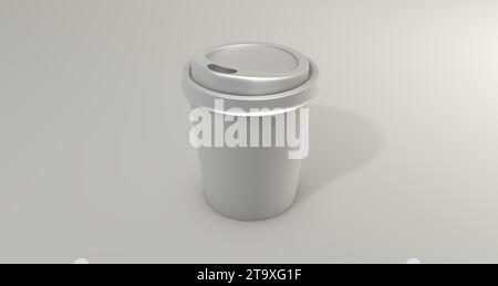 Silberne Papierkaffeetasse auf grauem Studio-Hintergrund. Minimales Konzept. Perspektivische Ansicht. 3D-Rendering. Stockfoto