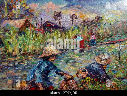 Professioneller Künstler handgemalt Original Impressionismus Meisterwerke Maler Kunst Malerei Ölfarbe ländliches Leben Hand Angeln Farmer Landschaft Blick Stockfoto