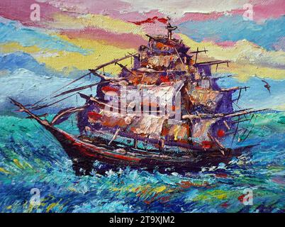 Professioneller Künstler handgemalt Original Meisterwerke Kunstmaler Ölmalerei Segelboot und Barque Brise im Meer, Junk Boot und Glückshandel Stockfoto