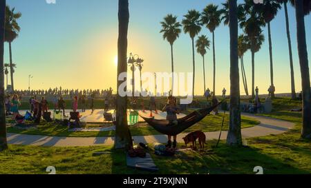 Palmen am Venice Beach bei Sonnenuntergang - LOS ANGELES, USA - 5. NOVEMBER 2023 Stockfoto