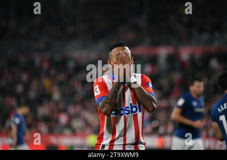 Girona, Esp. November 2023. GIRONA FC-ATHLETIC DE BILBAO 27. November 2023 Sávio (16) von Girona FC reagiert während des Spiels zwischen Girona FC und Athletic de Bilbao, das dem vierzehntägigen La Liga EA Sports im Stadtstadion Montilivi in Girona entspricht. Quelle: Rosdemora/Alamy Live News Stockfoto