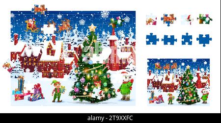 Puzzle-Puzzle-Spiel Teile der Weihnachtslandschaft und verschneite Stadt, Vektor-Arbeitsblatt. Kinder Puzzle Puzzle passend und passend passende Bildstücke mit Weihnachtsbaum, Elfe und Weihnachtsmann mit Geschenken Stock Vektor