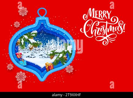 Weihnachtspapier geschnittene Fahne mit Weihnachtskugel Silhouette, Winter Papercut Vektor Hintergrund. Frohe Weihnachtsgrußkarte mit Weihnachtsgeschenken und Weihnachtsbaum im Schneewald in geschliffenen Schichten aus Kugelpapier Stock Vektor