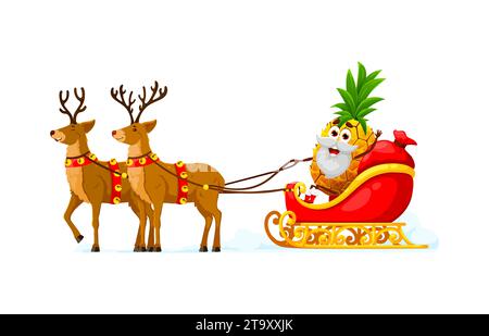 Weihnachtsfeiertag Ananas Santa Cartoon Charakter. Niedliche Ananasfrucht-Vektorfigur liefert Weihnachtsgeschenke und Geschenke mit Santa Claus Schlitten, Rentieren, Weihnachtsglocken und festlicher roter Tasche Stock Vektor