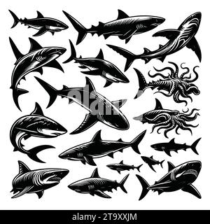 Set von Haifischsilhouetten isoliert auf weißem Hintergrund, Vektor-Illustration. Stock Vektor