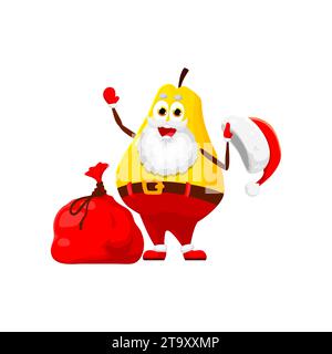Weihnachtsfeiertag Birne Weihnachtsfigur mit Weihnachtsgeschenken. Vektorfigur der niedlichen gelben Birnenfrucht mit weißem Bart des Weihnachtsmanns, rotem Hut, Kostüm und Geschenktüte. Zeichentrickfilm Weihnachtsfrucht Emoji Stock Vektor