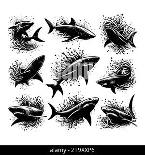 Set von Haifischsilhouetten isoliert auf weißem Hintergrund, Vektor-Illustration. Stock Vektor