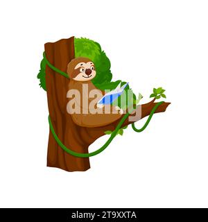 Comic-lustige Faultier-Figur, die auf Baum liest. Vereinzeltes, skurriles Vektor-Tier, auf einem Zweig liegend, in ein Buch vertieft, mit einem blöden Grinsen. Genießen Sie langsam jedes Wort mit einem entspannten Charme Stock Vektor