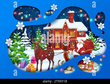 Weihnachtspapier geschnittene Landschaft Cartoon Winterhaus, Weihnachtsmann auf Schlitten und Weihnachtsbäume. Vektor 3d Papercut Art Layered Frame mit lustigem Vater Noel sitzt im Hirschschlitten vor der Hütte am Weihnachtsabend Stock Vektor